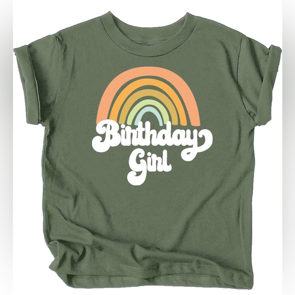 Rainbow Birthday Girl Shirt, Olive Green, birthday shirt any age! Worn once